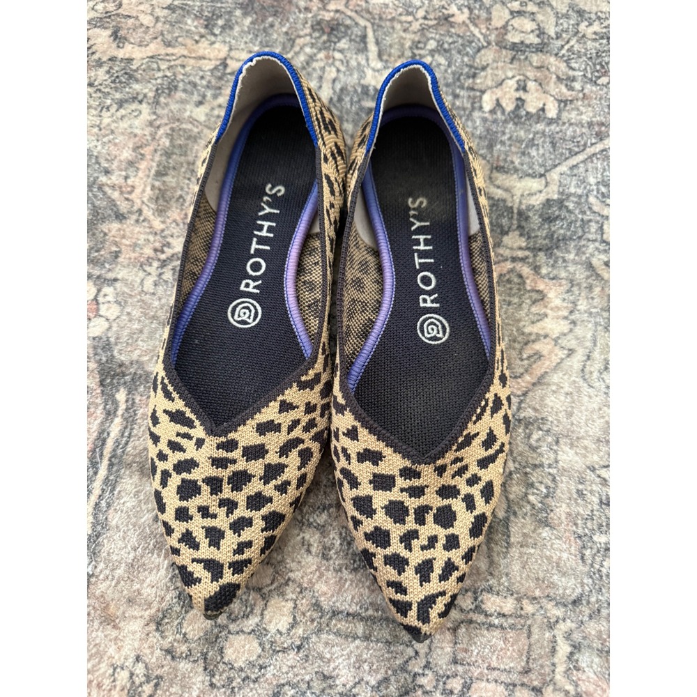 Rothys The Point Leopard Print Knit Pointed Toe Ballet Flats Tan Black Womens 8